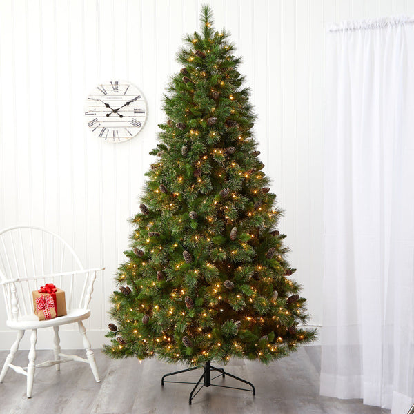 7.5’ Golden Tip Washington Pine Artificial Christmas Tree with 600 Clear Lights, Pine Cones and 1568 Bendable Branches