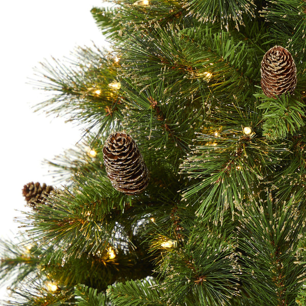 7.5’ Golden Tip Washington Pine Artificial Christmas Tree with 600 Clear Lights, Pine Cones and 1568 Bendable Branches