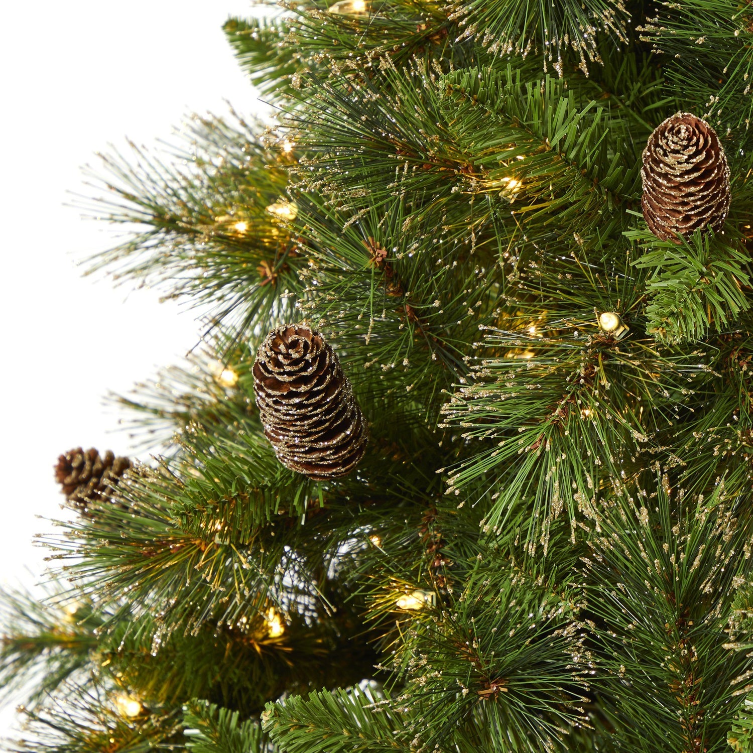 7.5’ Golden Tip Washington Pine Artificial Christmas Tree with 600 Clear Lights, Pine Cones and 1568 Bendable Branches