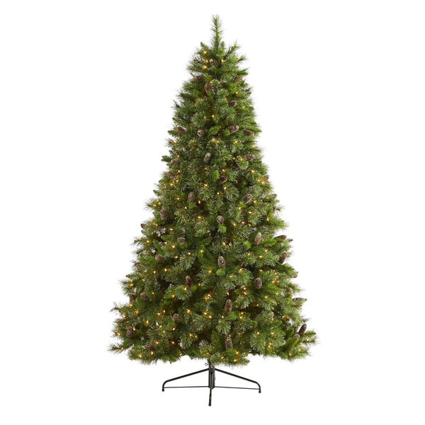 7.5’ Golden Tip Washington Pine Artificial Christmas Tree with 600 Clear Lights, Pine Cones and 1568 Bendable Branches