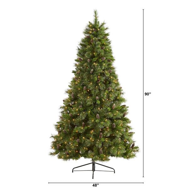 7.5’ Golden Tip Washington Pine Artificial Christmas Tree with 600 Clear Lights, Pine Cones and 1568 Bendable Branches