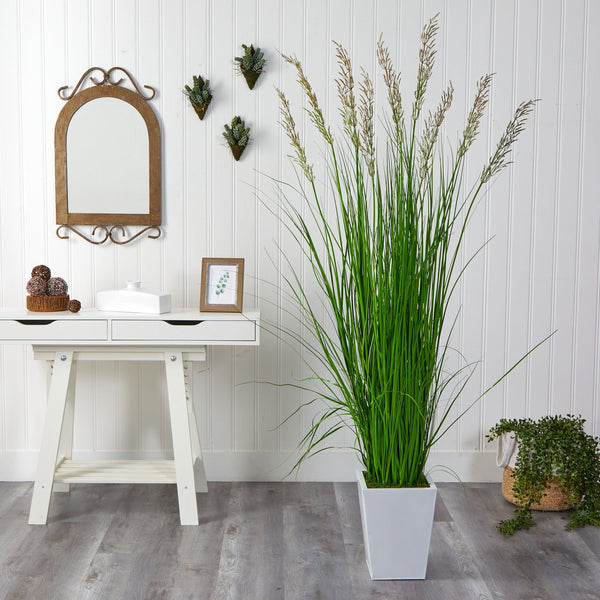 75” Grass Artificial Plant in White Metal Planter