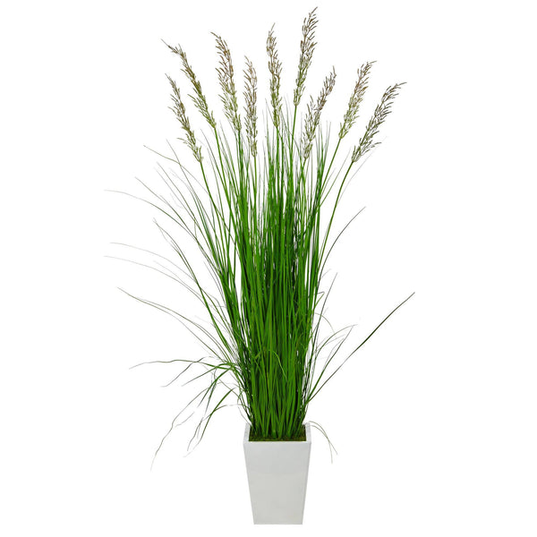 75” Grass Artificial Plant in White Metal Planter