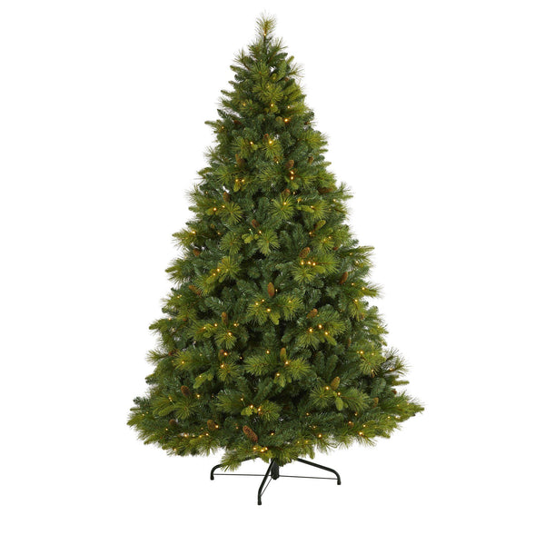 7.5’ North Carolina Mixed Pine Artificial Christmas Tree with 470 Warm White LED Lights, 1895 Bendable Branches and Pinecones