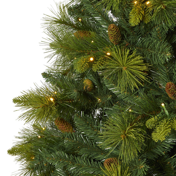 7.5’ North Carolina Mixed Pine Artificial Christmas Tree with 470 Warm White LED Lights, 1895 Bendable Branches and Pinecones