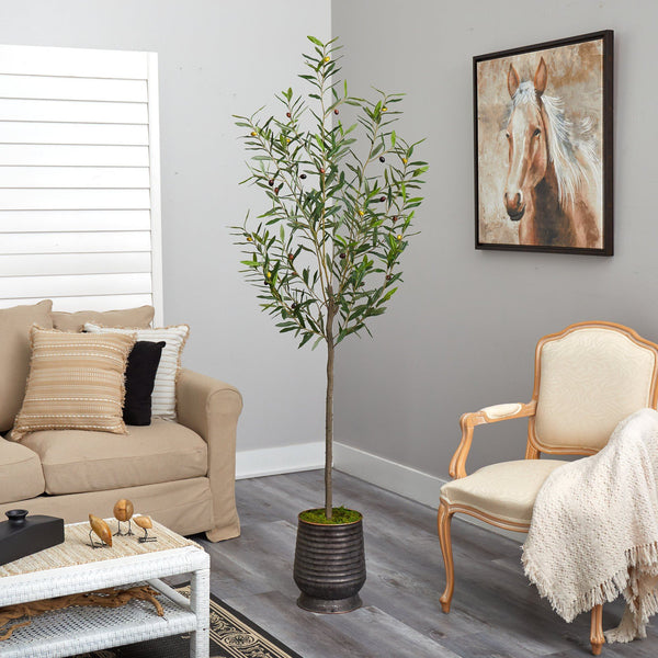 75” Olive Artificial Tree in Ribbed Metal Planter