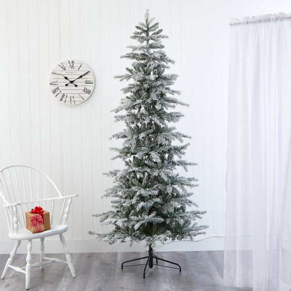 7.5’ Slim Flocked Nova Scotia Spruce Artificial Christmas Tree with 450 Warm White LED Lights and 909 Bendable Branches