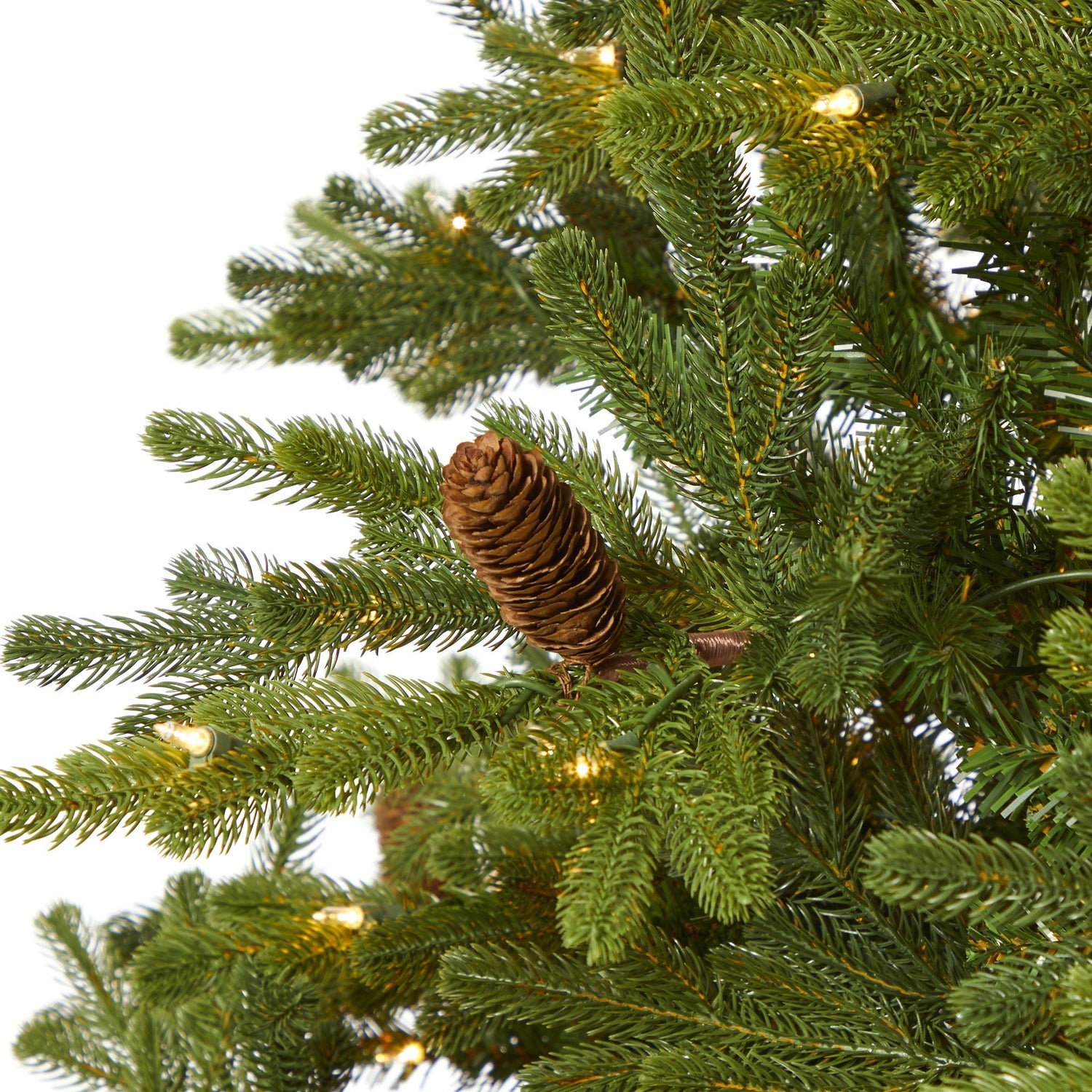 7.5’ Yukon Mountain Fir Artificial Christmas Tree with 600 Clear Lights, Pine Cones and 1740 Bendable Branches