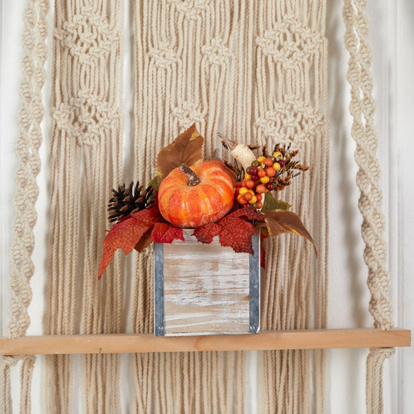 8” Fall Pumpkin, Gourd, Berries and Pinecones Artificial Autumn  Arrangement in Natural Washed Vase