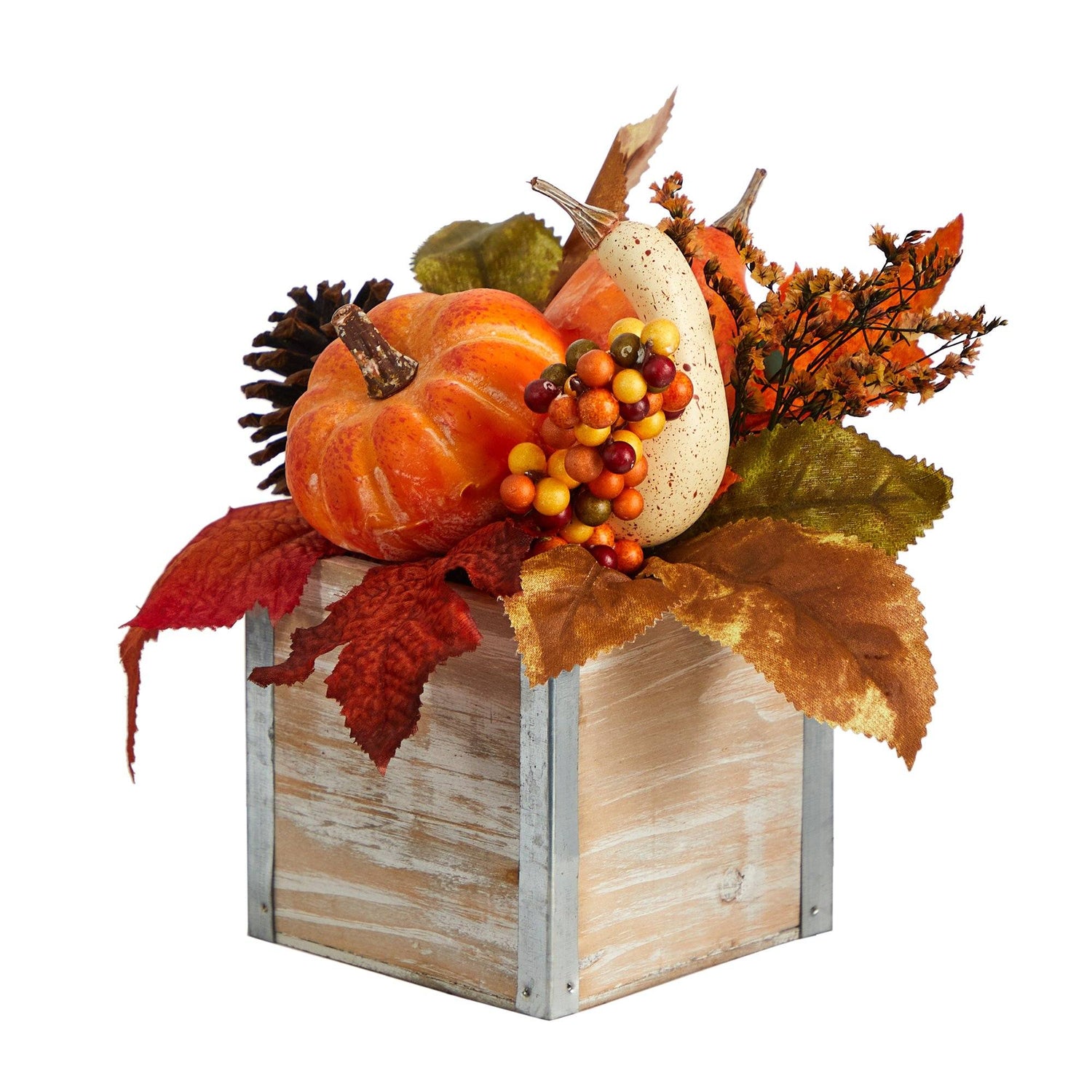 8” Fall Pumpkin, Gourd, Berries and Pinecones Artificial Autumn  Arrangement in Natural Washed Vase