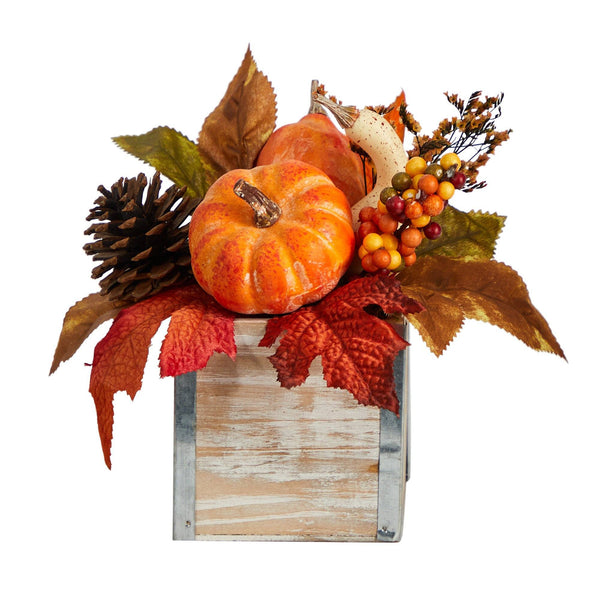 8” Fall Pumpkin, Gourd, Berries and Pinecones Artificial Autumn  Arrangement in Natural Washed Vase