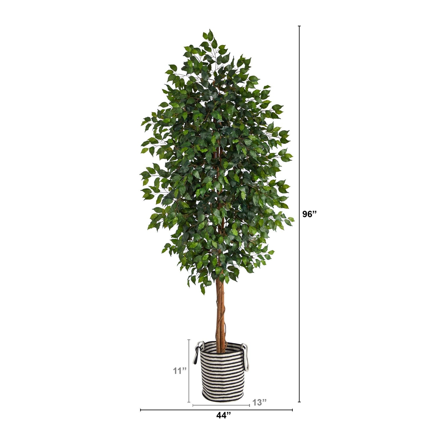 8’ Ficus Artificial Tree in Handmade Black and White Natural Jute and Cotton Planter