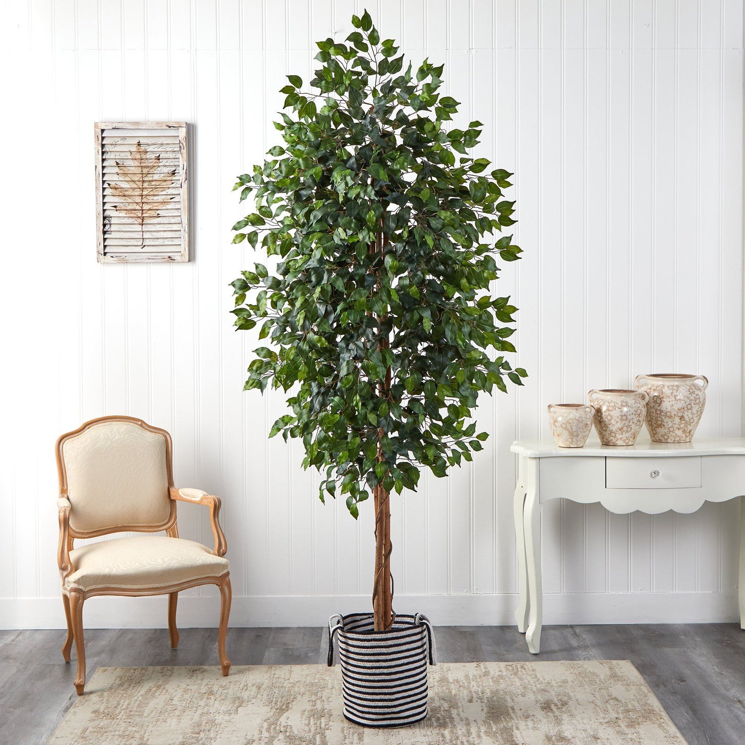 8’ Ficus Artificial Tree in Handmade Black and White Natural Jute and Cotton Planter