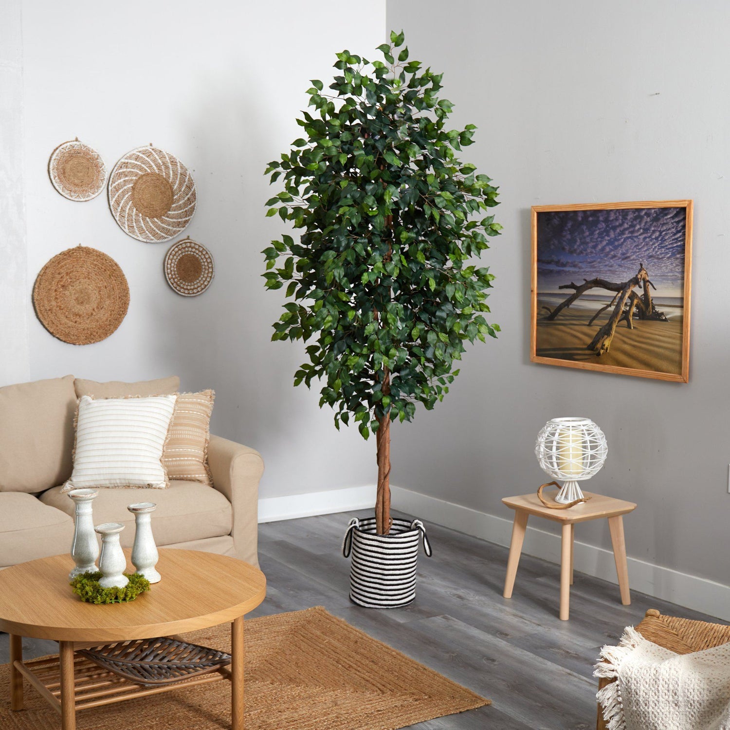 8’ Ficus Artificial Tree in Handmade Black and White Natural Jute and Cotton Planter