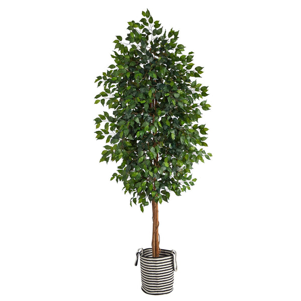 8’ Ficus Artificial Tree in Handmade Black and White Natural Jute and Cotton Planter