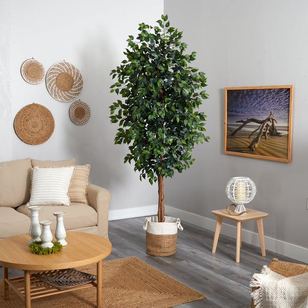 8’ Ficus Artificial Tree with Handmade Natural Jute and Cotton Planter