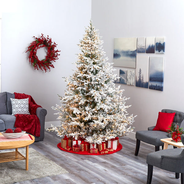 8’ Flocked Fraser Fir Artificial Christmas Tree with 800 Warm White Lights and 4892 Bendable Branches