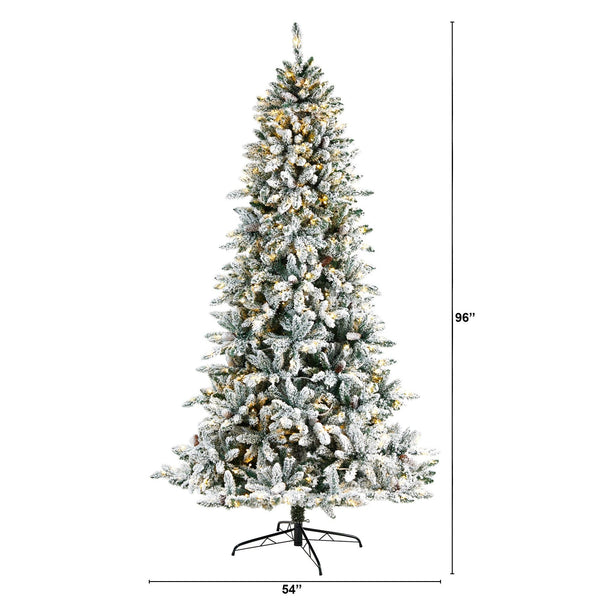 8’ Flocked Livingston Fir Artificial Christmas Tree with Pine Cones and 500 Clear Warm LED Lights