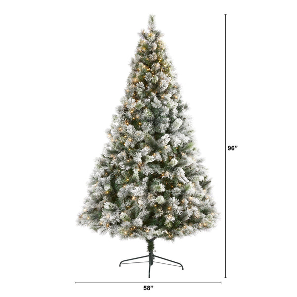 8’ Flocked Oregon Pine Artificial Christmas Tree with 500 Clear Lights and 1172 Bendable Branches