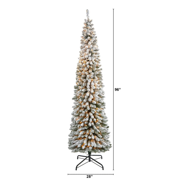 8’ Flocked Pencil Artificial Christmas Tree with 500 Clear Lights and 646 Bendable Branches