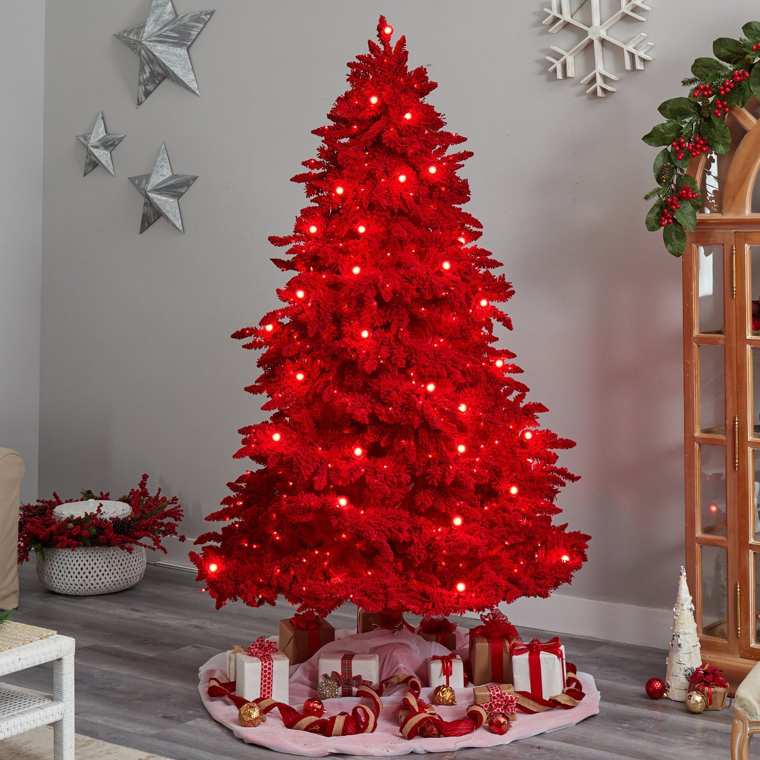 8' Red Flocked Fraser Fir Artificial Christmas Tree