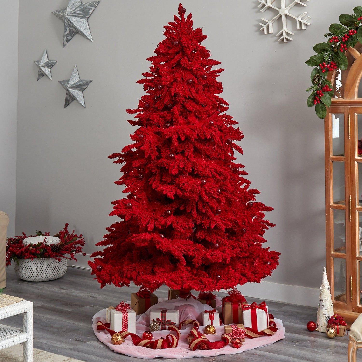 8' Red Flocked Fraser Fir Artificial Christmas Tree