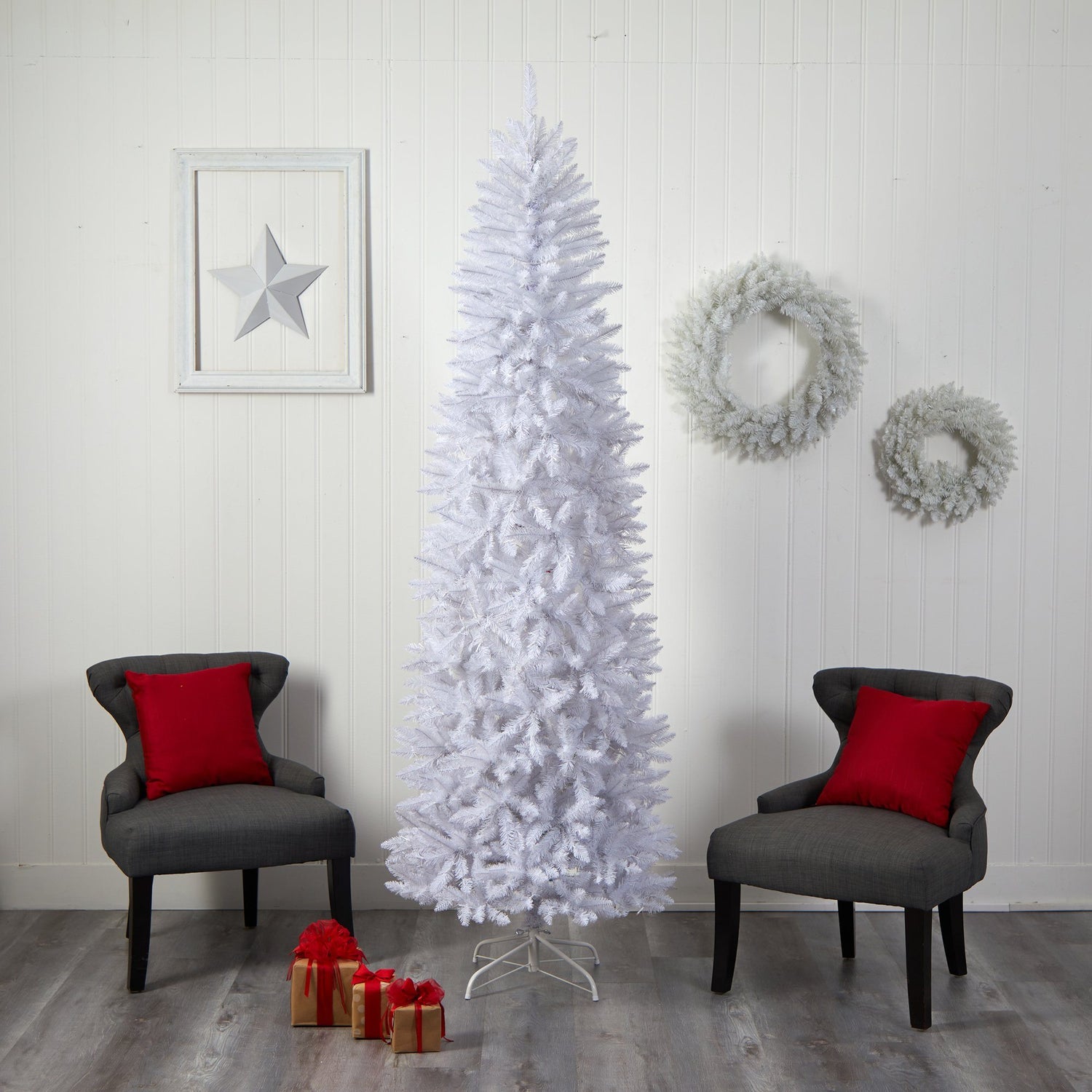 8’ Slim White Artificial Christmas Tree with 400 Warm White LED Lights and 1348 Bendable Branches