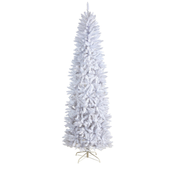 8’ Slim White Artificial Christmas Tree with 400 Warm White LED Lights and 1348 Bendable Branches