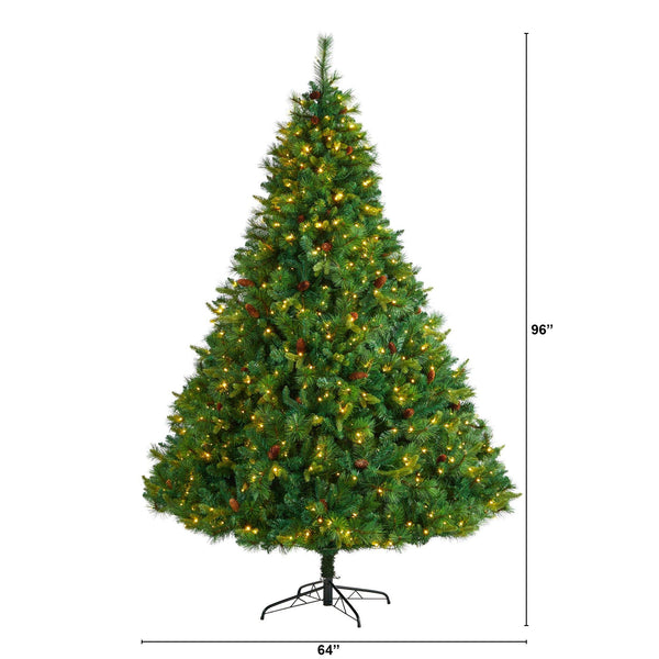 8’ West Virginia Full Bodied Mixed Pine Christmas Tree with 700 Clear LED Lights and Pine Cones