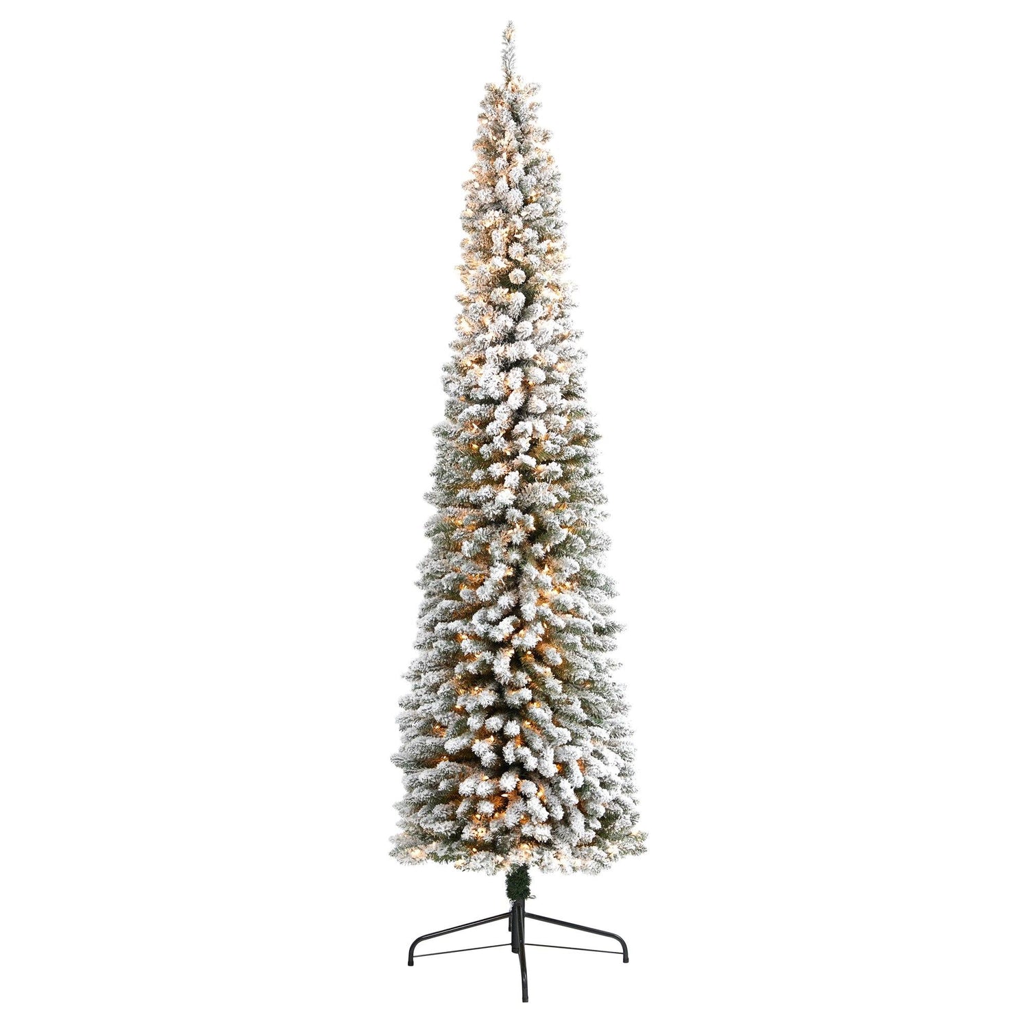 9’ Flocked Pencil Artificial Christmas Tree with 600 Clear Lights and 896 Bendable Branches