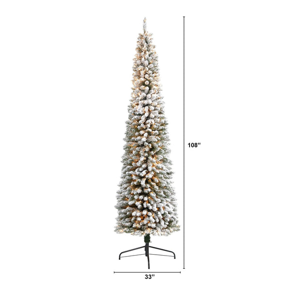 9’ Flocked Pencil Artificial Christmas Tree with 600 Clear Lights and 896 Bendable Branches