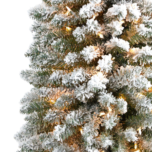 9’ Flocked Pencil Artificial Christmas Tree with 600 Clear Lights and 896 Bendable Branches