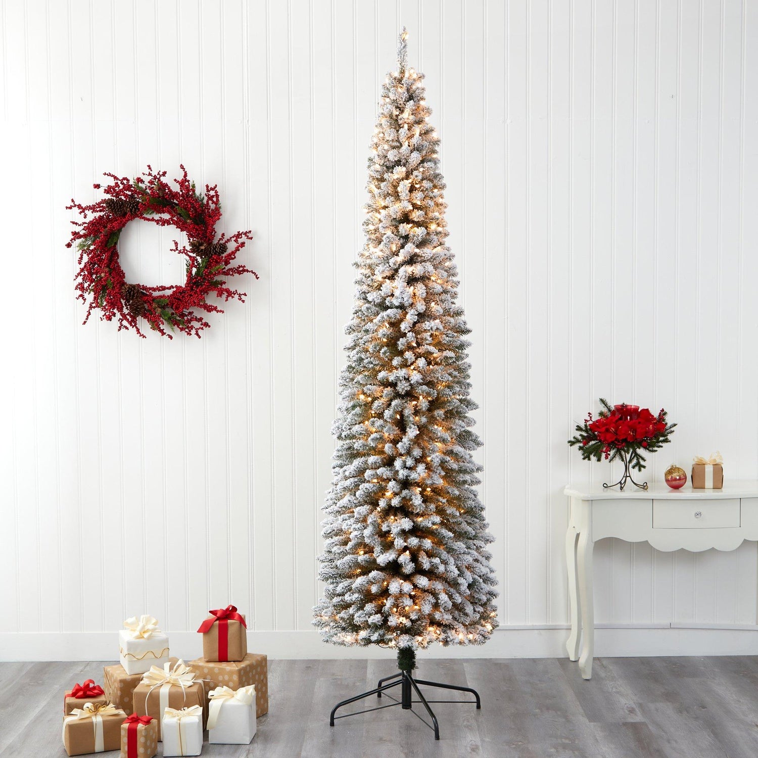 9’ Flocked Pencil Artificial Christmas Tree with 600 Clear Lights and 896 Bendable Branches