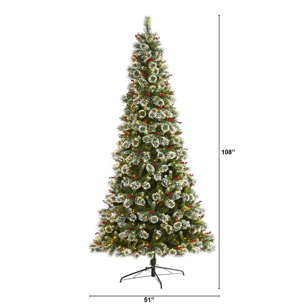 9’ Frosted Swiss Pine Artificial Christmas Tree with 700 Clear LED Lights and Berries