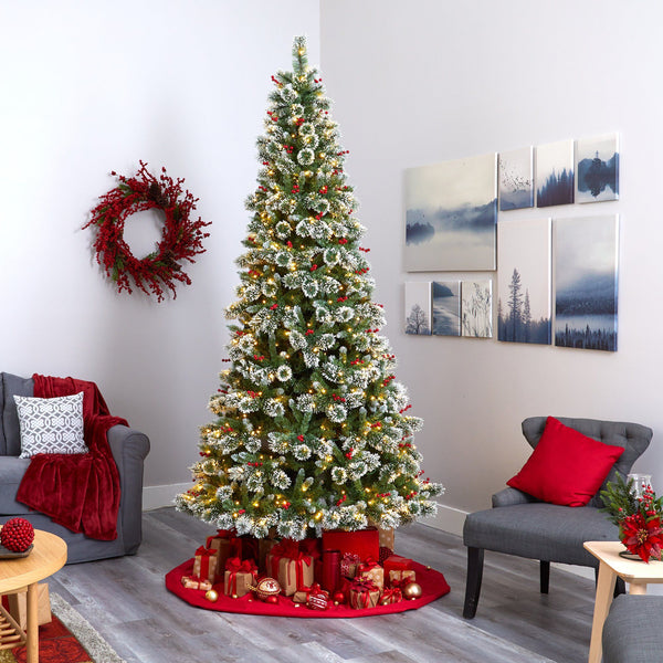 9’ Frosted Swiss Pine Artificial Christmas Tree with 700 Clear LED Lights and Berries