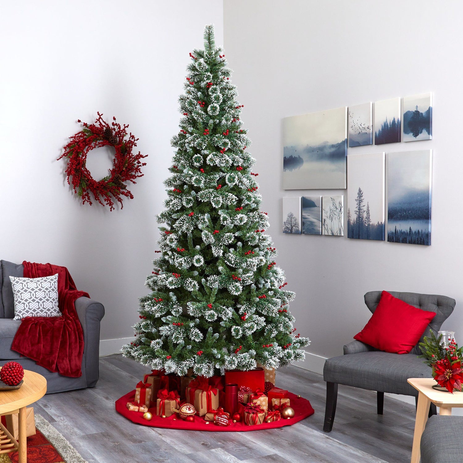 9’ Frosted Swiss Pine Artificial Christmas Tree with 700 Clear LED Lights and Berries