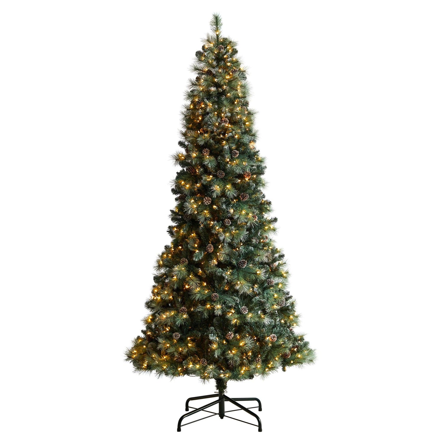 9' Frosted Tip British Columbia Mountain Pine Artificial Christmas Tree with 400 Clear Lights, Pine Cones and 882 Bendable Branches