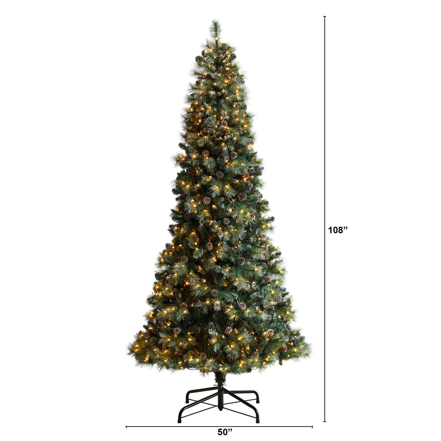 9' Frosted Tip British Columbia Mountain Pine Artificial Christmas Tree with 400 Clear Lights, Pine Cones and 882 Bendable Branches