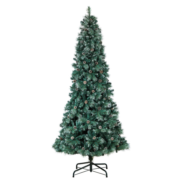 9' Frosted Tip British Columbia Mountain Pine Artificial Christmas Tree with 400 Clear Lights, Pine Cones and 882 Bendable Branches