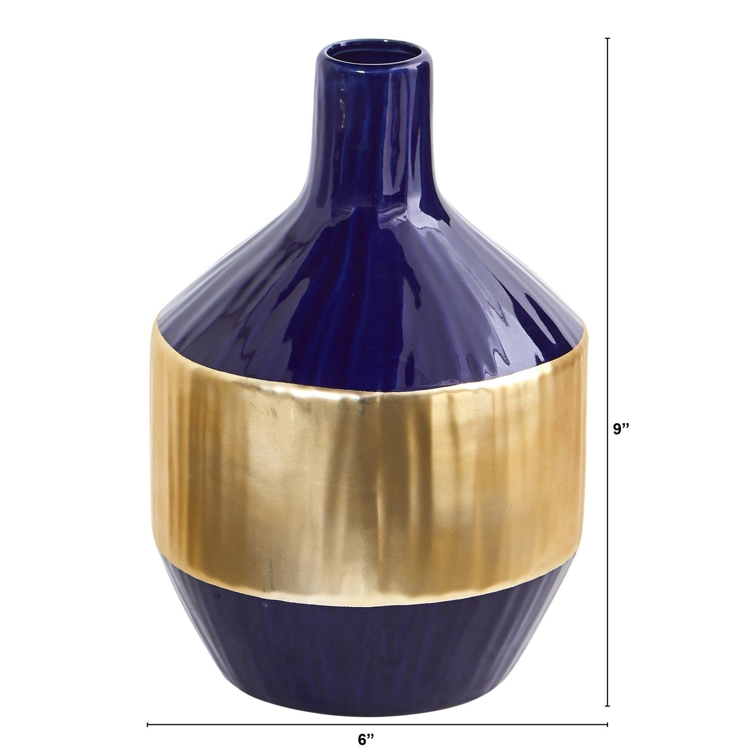 9” Lux Blue Ceramic Vase with Gold Band