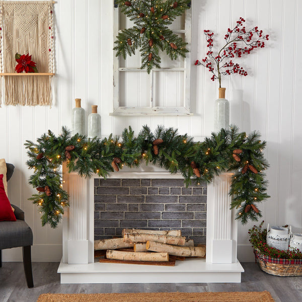 9' Mixed Pines and Pinecones Extra Wide Garland with 286 Branches and 70 Warm White LED Lights