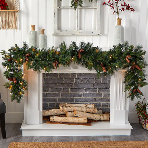 9' Mixed Pines and Pinecones Extra Wide Garland with 286 Branches and 70 Warm White LED Lights