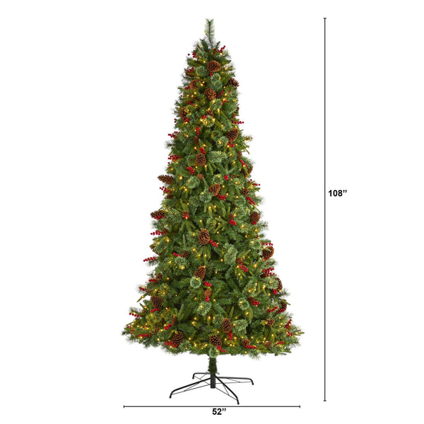 9’ Norway Mixed Pine Artificial Christmas Tree with 650 Clear LED Lights, Pine Cones and Berries