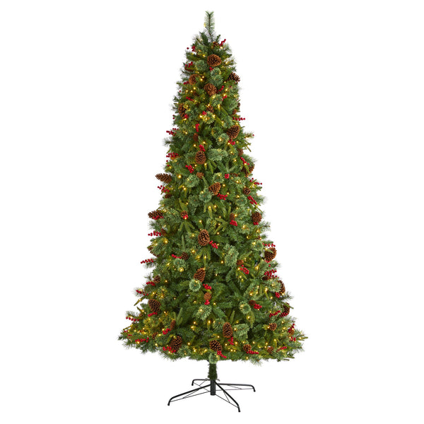 9’ Norway Mixed Pine Artificial Christmas Tree with 650 Clear LED Lights, Pine Cones and Berries