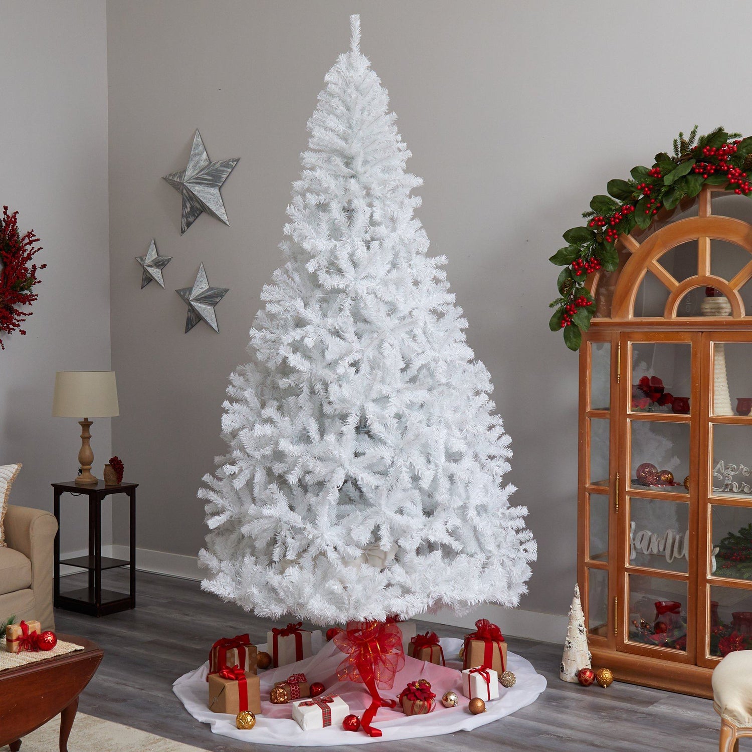 9' White Artificial Christmas Tree with 1860 Bendable Branches and 650 LED Lights