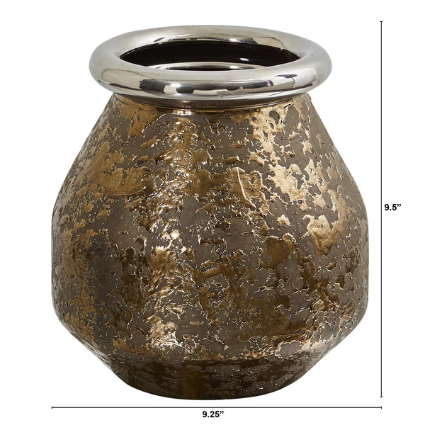 9.5” Textured Bronze Vase with Silver Rim