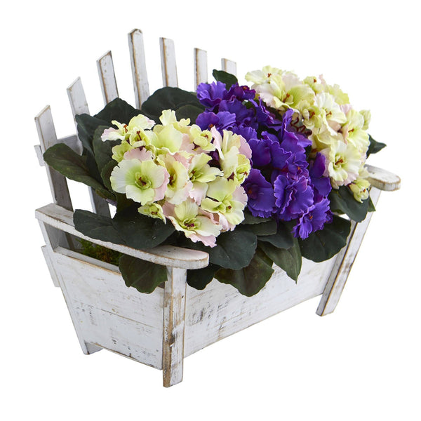 African Violet Artificial Plant in Wooden Bench Planter