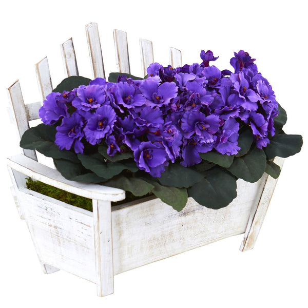 African Violet Artificial Plant in Wooden Bench Planter