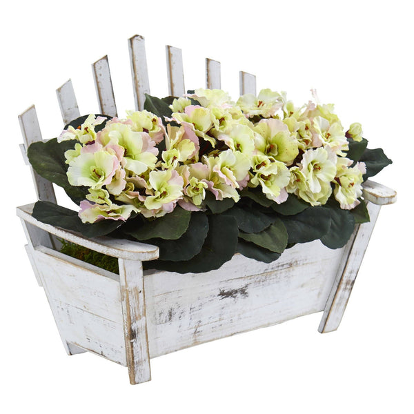 African Violet Artificial Plant in Wooden Bench Planter