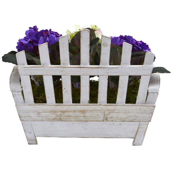 African Violet Artificial Plant in Wooden Bench Planter